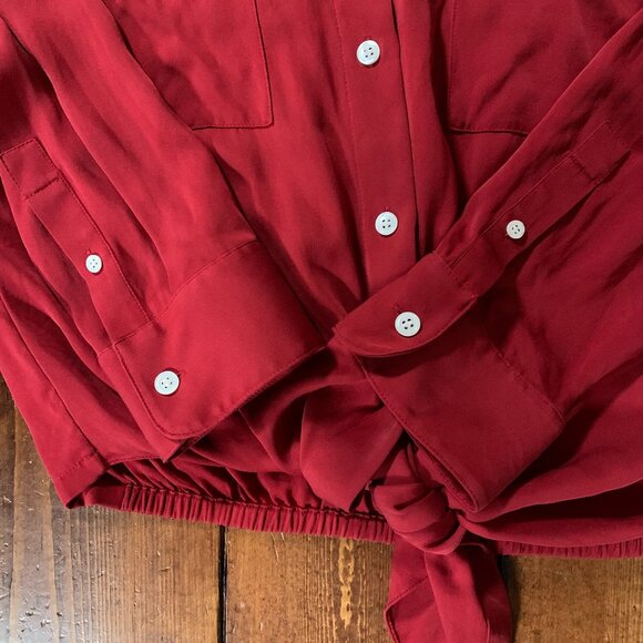 Theory Stretch Silk Women's Tie-Front Red Medium Long Sleeve Button Shirt Blouse - Picture 10 of 14